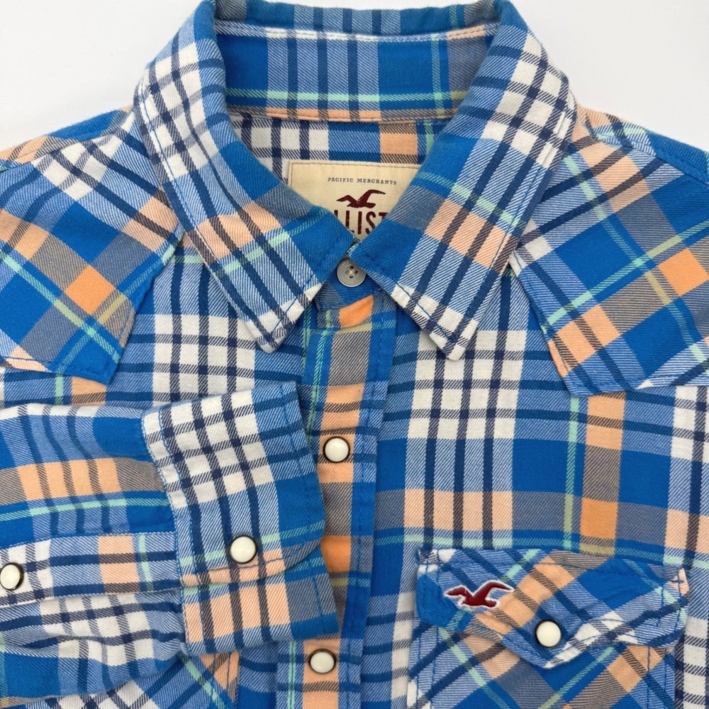Hollister Button Up Men M Blue Plaid Western Pacific Merchants Pearl Snap Shirt